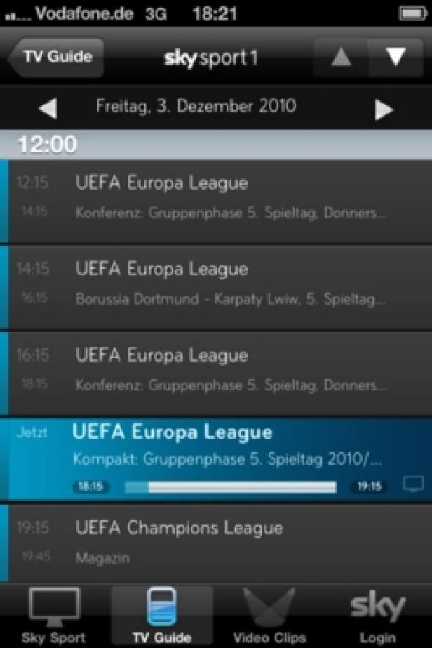 Sky Sport Mobile-App Ein Screenshot der Sky Sport 1 TV-Guide-App auf einem iPhone, der die UEFA Europa League-Spiele am 3. Dezember 2010 zeigt.
