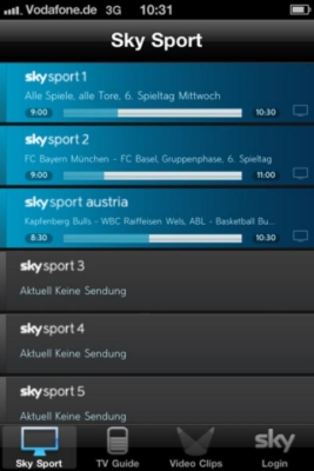 Sky Sport Mobile-App Ein Screenshot der Sky Sport App auf einem iPhone mit Programmübersicht.