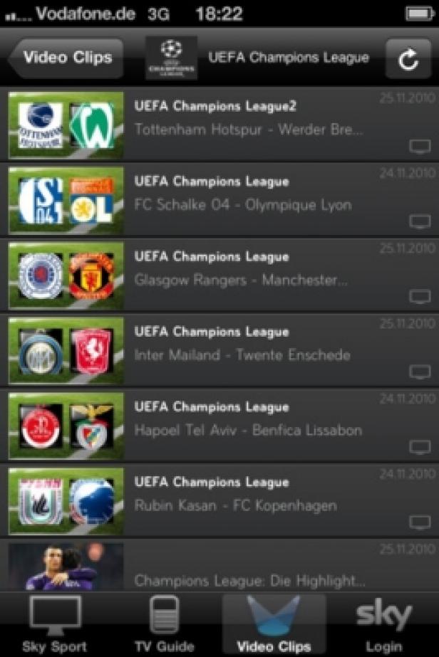 Sky Sport Mobile-App Ein Screenshot der Sky-App mit einer Liste von UEFA Champions League-Videoclips.