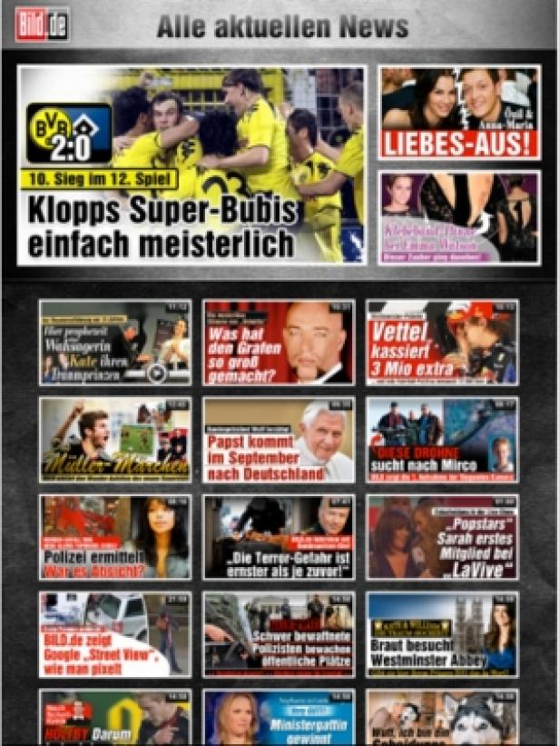 Eine Collage von Nachrichtenüberschriften von Bild.de, darunter Sport, Prominente und Politik.