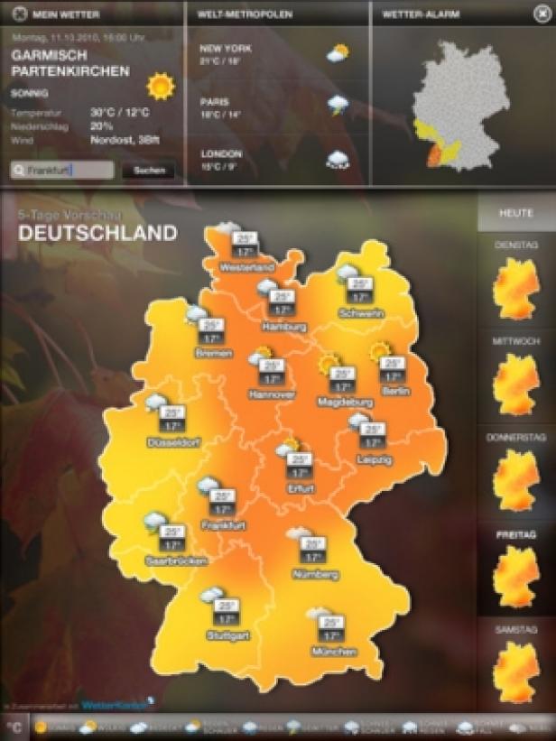 Eine Wettervorhersage für Deutschland mit Temperaturen und Wettersymbolen für verschiedene Städte.