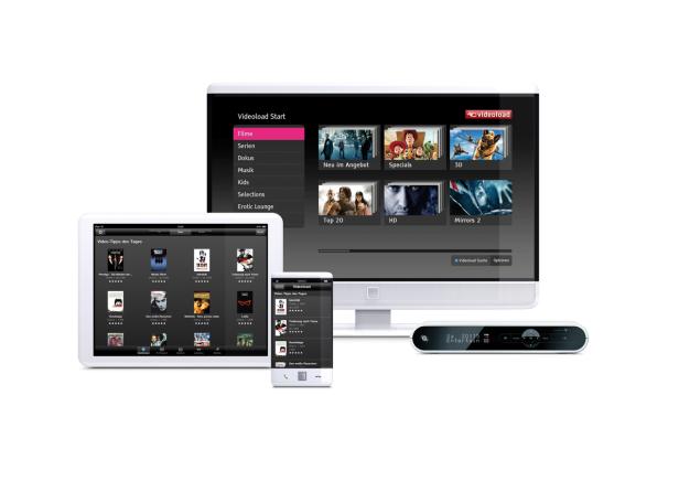 Ein Fernseher, ein Tablet, ein Smartphone und eine Set-Top-Box zeigen die Benutzeroberfläche eines Video-on-Demand-Dienstes.