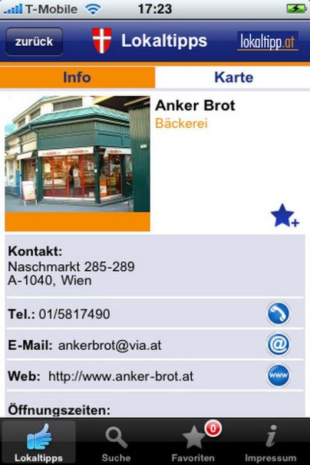 Ein Screenshot der „Lokaltipps“-App mit Informationen zur Bäckerei Anker Brot am Naschmarkt in Wien.
