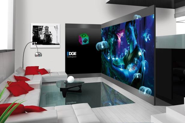 Ein Wohnzimmer mit einem großen Bildschirm, der eine Szene aus dem Film „Avatar“ zeigt.