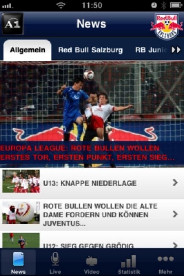 Screenshot einer Nachrichten-App mit Fußballbezug, vermutlich Red Bull Salzburg.
