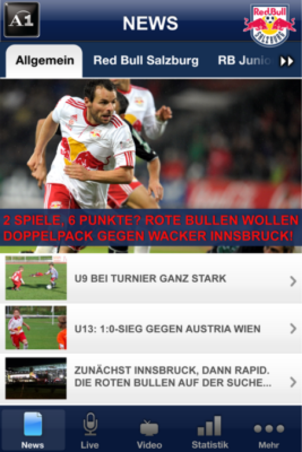 Ein Screenshot der Red Bull Salzburg News-App auf einem Smartphone.