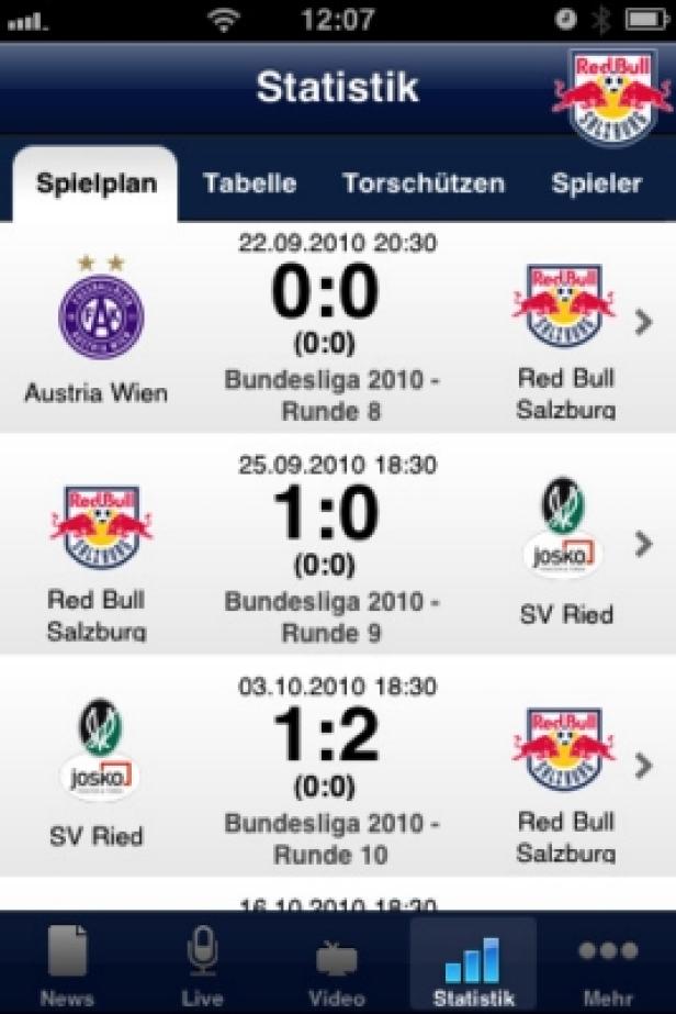 Ein Screenshot der Statistik-Seite einer Red Bull Salzburg App mit Ergebnissen der Bundesliga 2010.