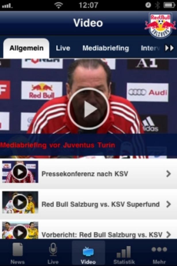 Ein Screenshot der Red Bull Salzburg Video-App auf einem iPhone.