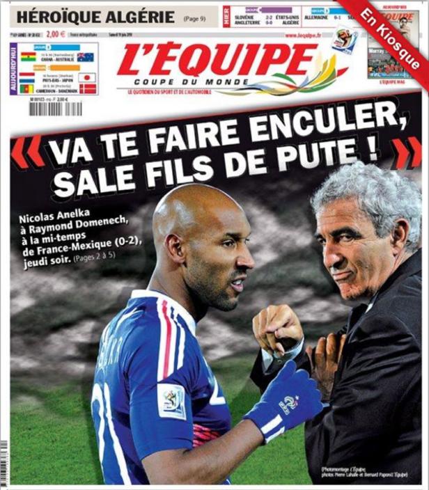 Titelseite von L'Équipe mit Nicolas Anelka und Raymond Domenech während der Fußball-Weltmeisterschaft 2010.