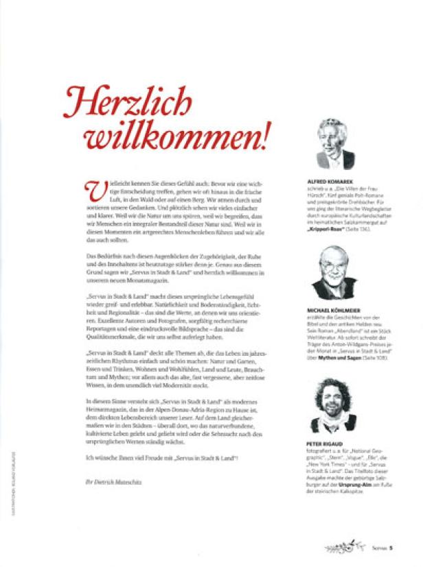 Eine Seite aus dem Magazin „Servus in Stadt & Land“ mit dem Titel „Herzlich willkommen!“.