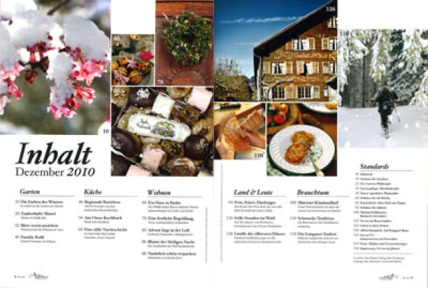 Ein Inhaltsverzeichnis einer Zeitschrift mit winterlichen Themen wie Garten, Küche und Brauchtum.