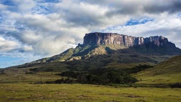 Der Tafelberg Roraima erhebt sich über die grüne Landschaft unter einem bewölkten Himmel.