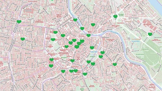 Eine Karte von Wien mit grünen Herzen, die verschiedene Orte markieren.