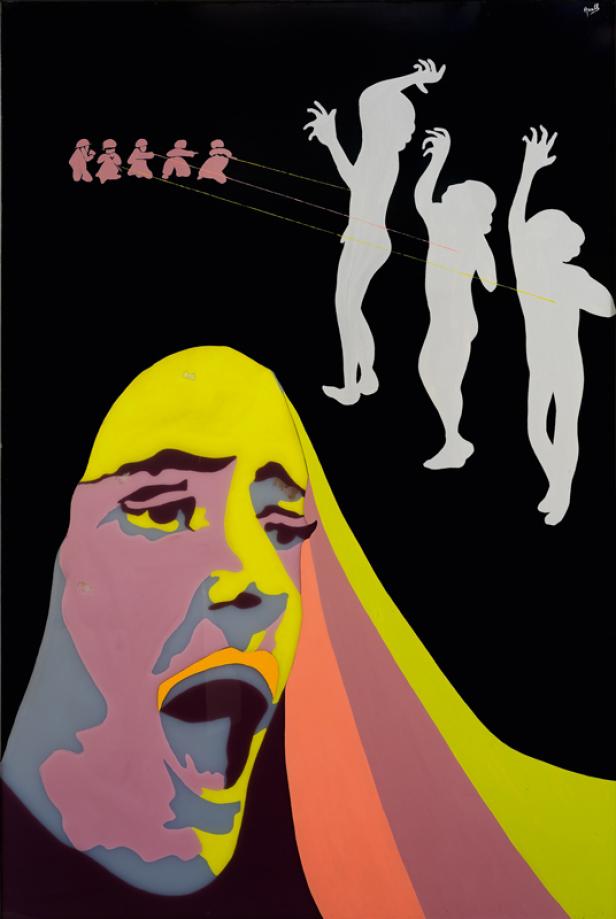 Ein abstraktes Kunstwerk mit einer schreienden Frau und Geistern, die von kleinen Figuren an Fäden gehalten werden.