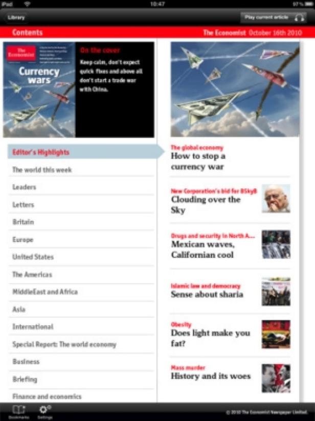 Ein Screenshot der Inhaltsseite der „The Economist“-App vom 16. Oktober 2010.