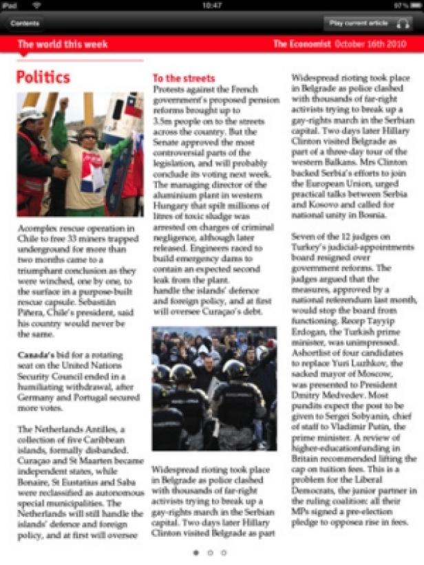 Titelseite von „The Economist“ vom 16. Oktober 2010 mit Artikeln zu Politik und Wirtschaft.
