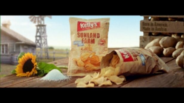 Zwei Tüten Kelly's Sunland Farm Chips auf einem Holztisch mit einer Sonnenblume und Salz.
