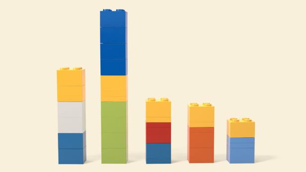 Ein Diagramm aus bunten Legosteinen auf beigem Hintergrund.