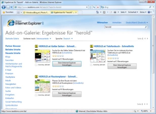 Ein Screenshot der Add-on-Galerie von Internet Explorer 8 mit Suchergebnissen für „herold“.