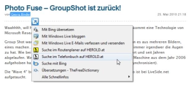 Ein Screenshot eines Kontextmenüs mit Suchoptionen auf einer Webseite.