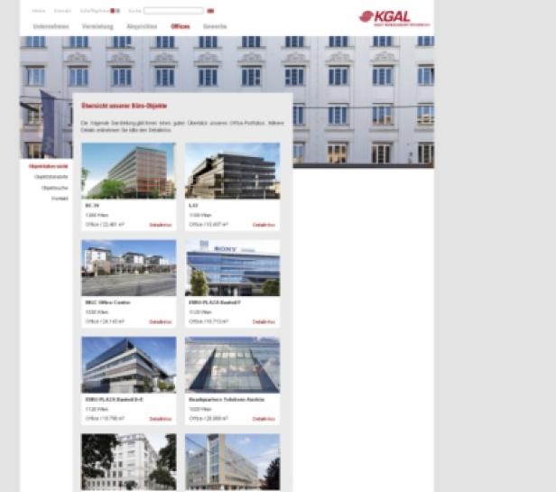 Die Webseite von KGAL mit einer Übersicht von Büro-Objekten.