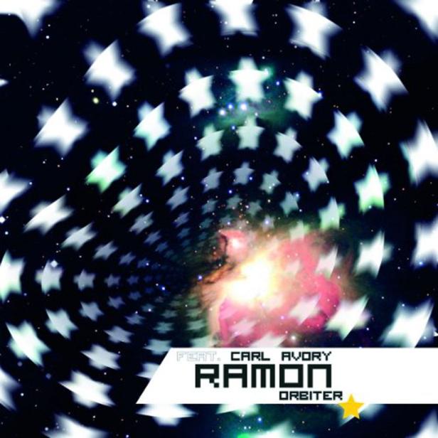 Ein Sternennebel mit einem Tunnel aus Sternen und dem Schriftzug „Ramon Orbiter feat. Carl Avory“.