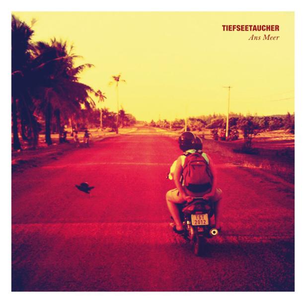 Zwei Personen fahren mit einem Motorroller eine Straße entlang, gesäumt von Palmen.