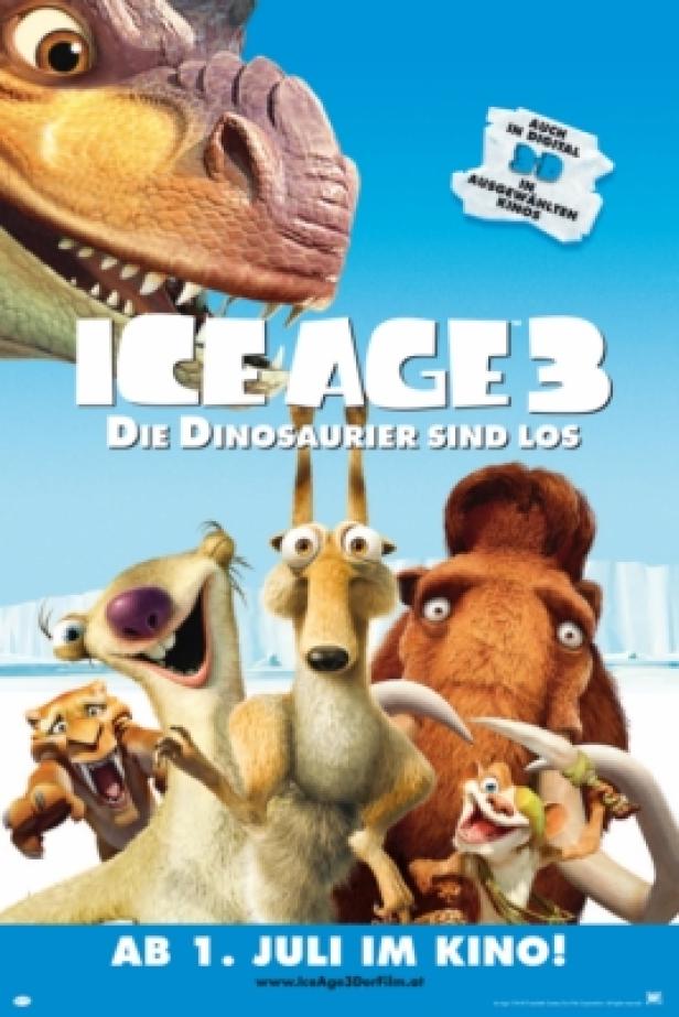 Das Filmplakat zu „Ice Age 3 – Die Dinosaurier sind los“ mit den Hauptfiguren vor blauem Himmel.