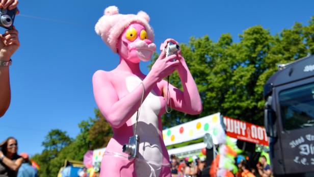 Eine als Pink Panther verkleidete Person fotografiert mit einer Kamera.