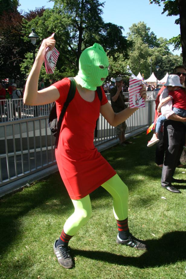 Eine Person mit Sturmhaube, rotem Kleid und grüner Leggings posiert auf einer Wiese.