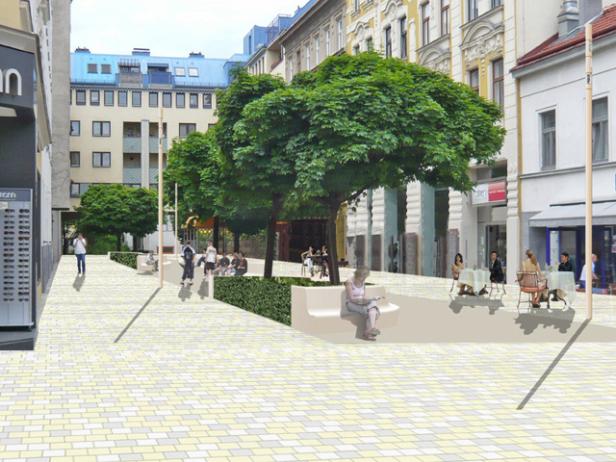 Eine belebte Fußgängerzone mit Bäumen, Sitzbänken und Cafés im Freien.
