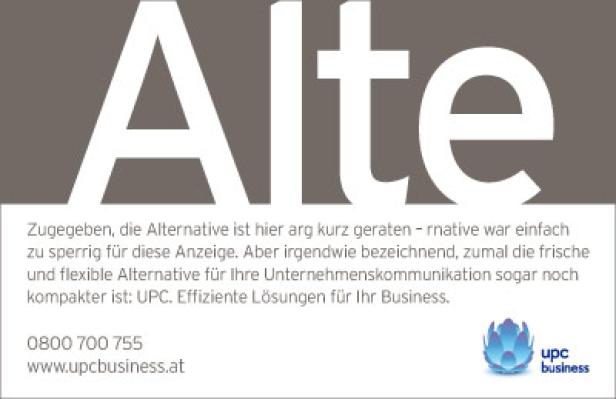 Eine Anzeige von UPC Business, die mit dem Wort „Alte“ beginnt.