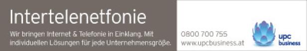 Werbung für „Intertelenetfonie“ von UPC Business mit dem Slogan „Wir bringen Internet & Telefonie in Einklang“.