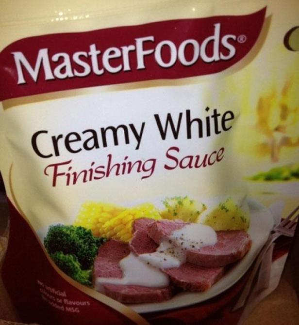 Eine Packung „MasterFoods Creamy White Finishing Sauce“ mit einem Servier Vorschlag.