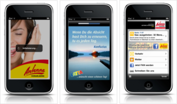 Drei iPhones zeigen verschiedene Apps, darunter Antenne Vorarlberg und ein Zitat von Konfuzius.