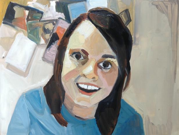 Ein gemaltes Porträt einer lächelnden Frau mit braunen Haaren und einem blauen Oberteil.