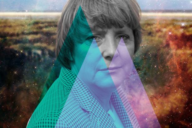 Ein Porträt von Angela Merkel mit einer Grafik aus Dreiecken und kosmischen Elementen.