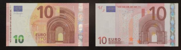 Vorder- und Rückseite eines 10-Euro-Scheins.