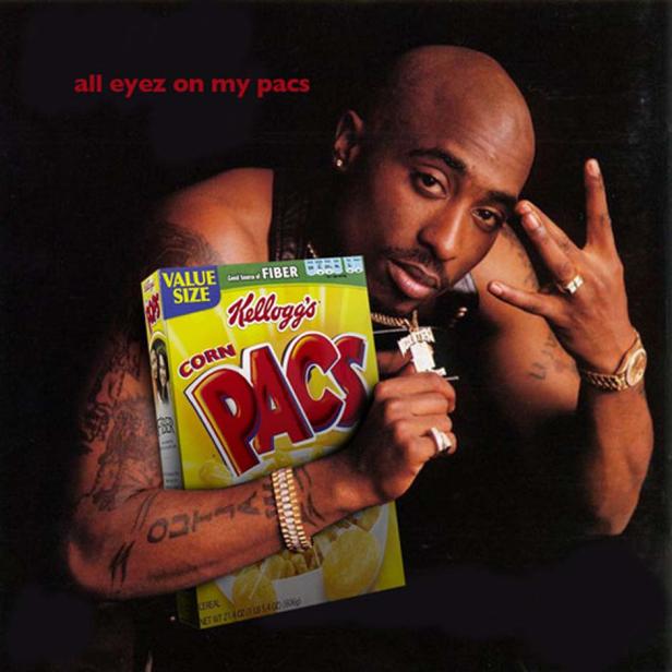 Tupac hält eine Packung „Corn Pacs“ Müsli in Anspielung auf sein Album „All Eyez on Me“.