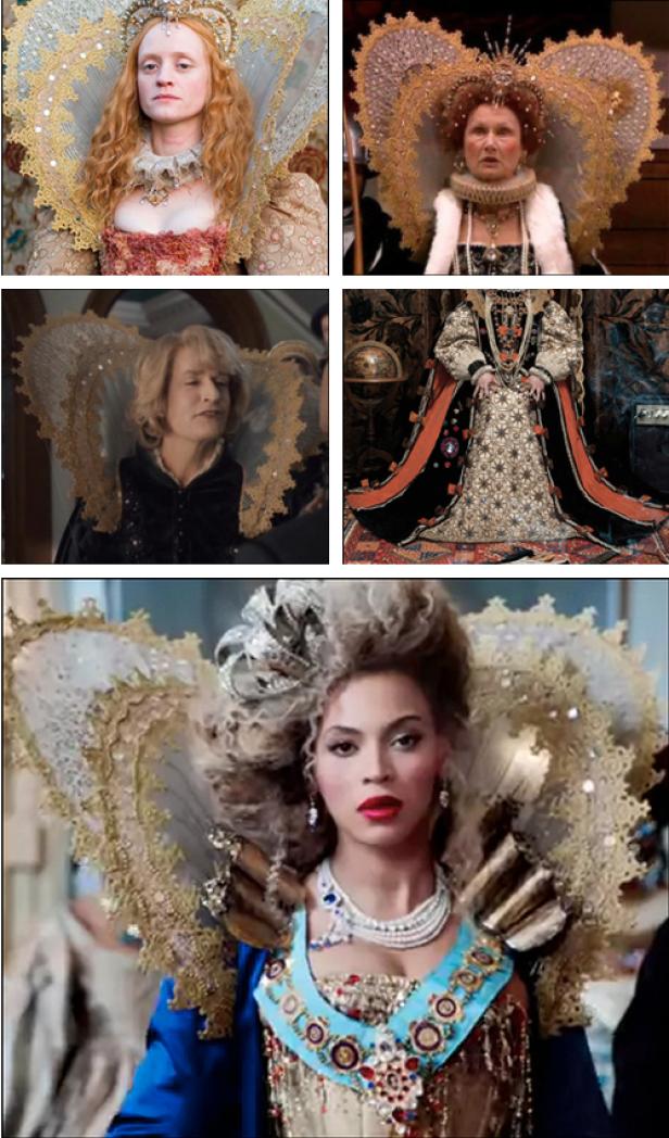 Mehrere Schauspielerinnen, darunter Beyoncé, in Kostümen, die an Königin Elisabeth I. erinnern.