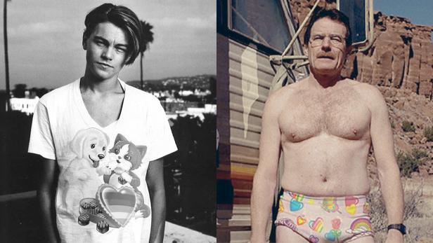 Ein Schwarzweißfoto von Leonardo DiCaprio und ein Foto von Bryan Cranston in Unterwäsche.