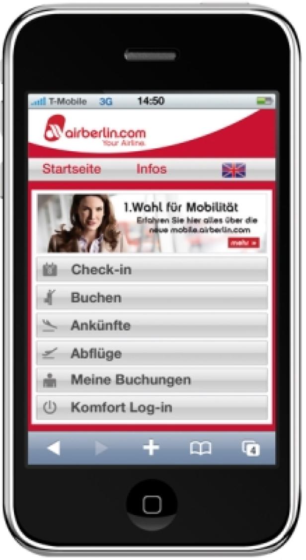 Ein iPhone zeigt die mobile Webseite von Air Berlin mit verschiedenen Optionen wie Check-in und Buchungen.