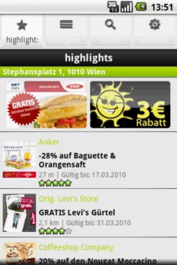 bob box (c: mobilkom austria Ein Screenshot einer App mit Angeboten in Wien, inklusive Rabatte auf Baguettes und Levi's Gürtel.