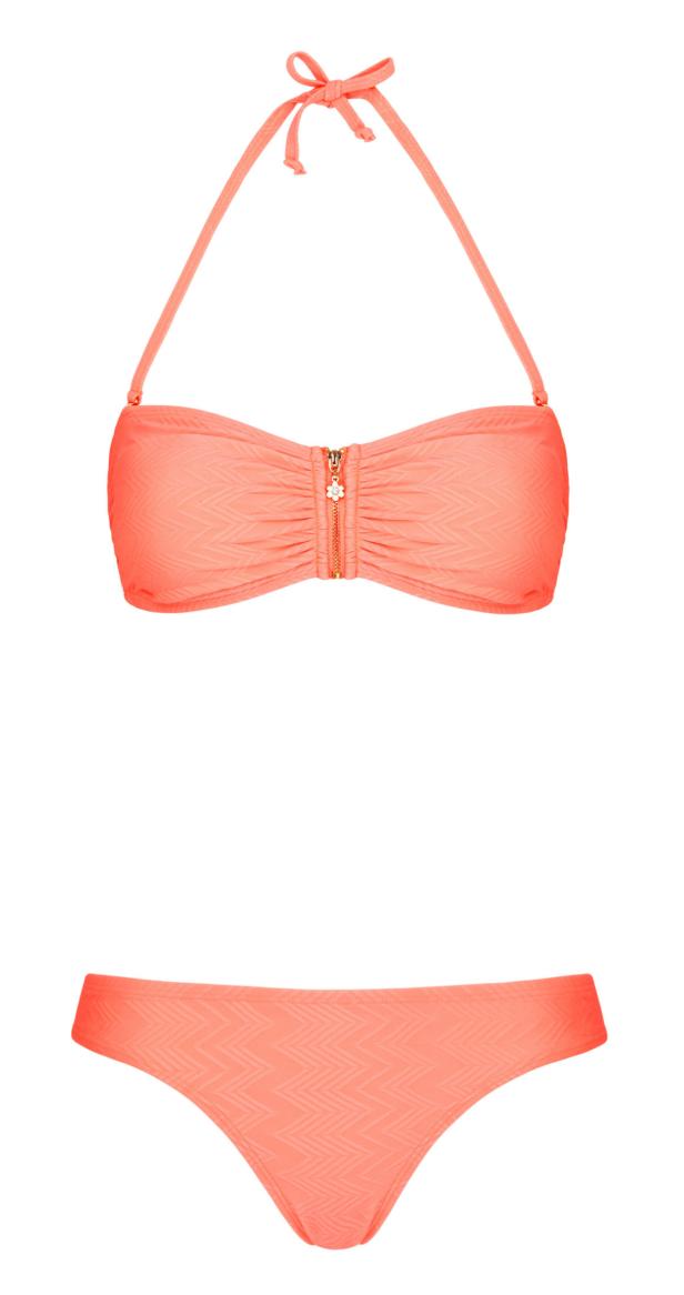 Ein orangefarbener Bikini mit einem Zickzackmuster.
