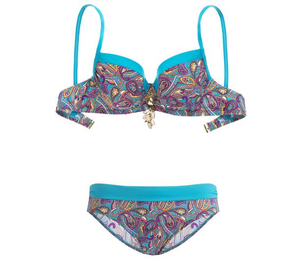 Ein türkisfarbener Bikini mit buntem Paisley-Muster und Muscheldetails.