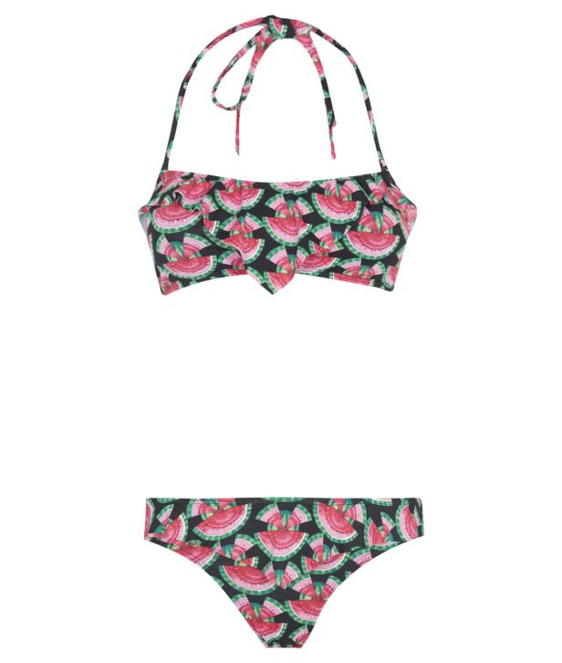 Ein zweiteiliger Bikini mit einem Muster aus Wassermelonenscheiben.