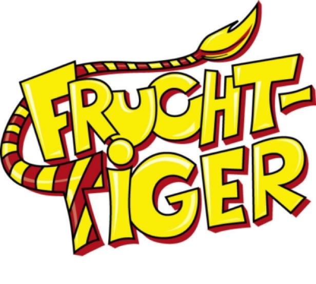 Das stilisierte Logo der Marke „Fruchtiger“ in Gelb und Rot.