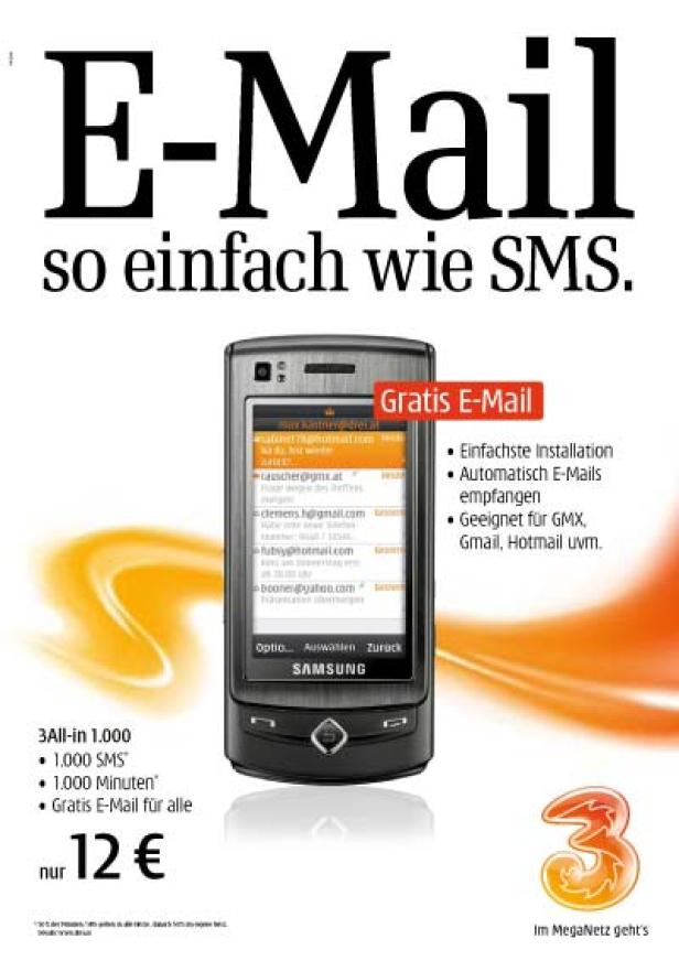 Ein Samsung-Handy zeigt eine E-Mail-Anwendung mit dem Slogan „E-Mail so einfach wie SMS“.