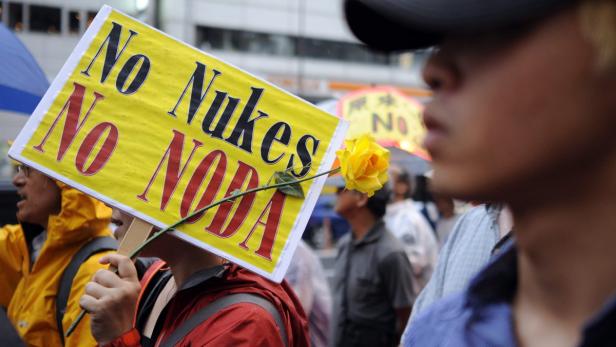 Demonstranten halten ein Schild mit der Aufschrift „No Nukes No Noda“ und einer gelben Rose.