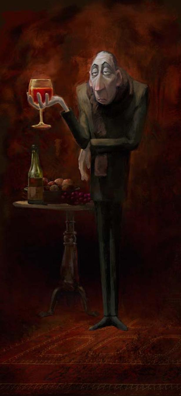 Anton Ego, der Restaurantkritiker aus dem Film Ratatouille, hält ein Weinglas in der Hand.